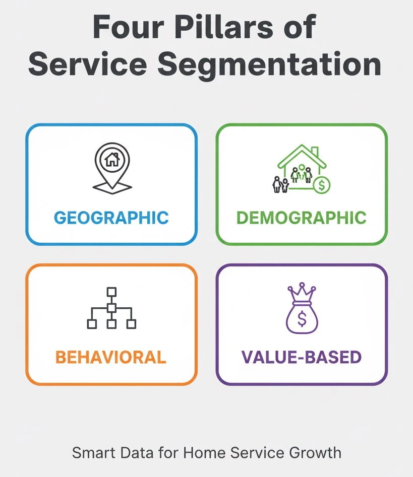 The four pillars of service segmentation for home service businesses include geographic, demographic, behavioral and value-based -- ensure proper crm and email segmentation